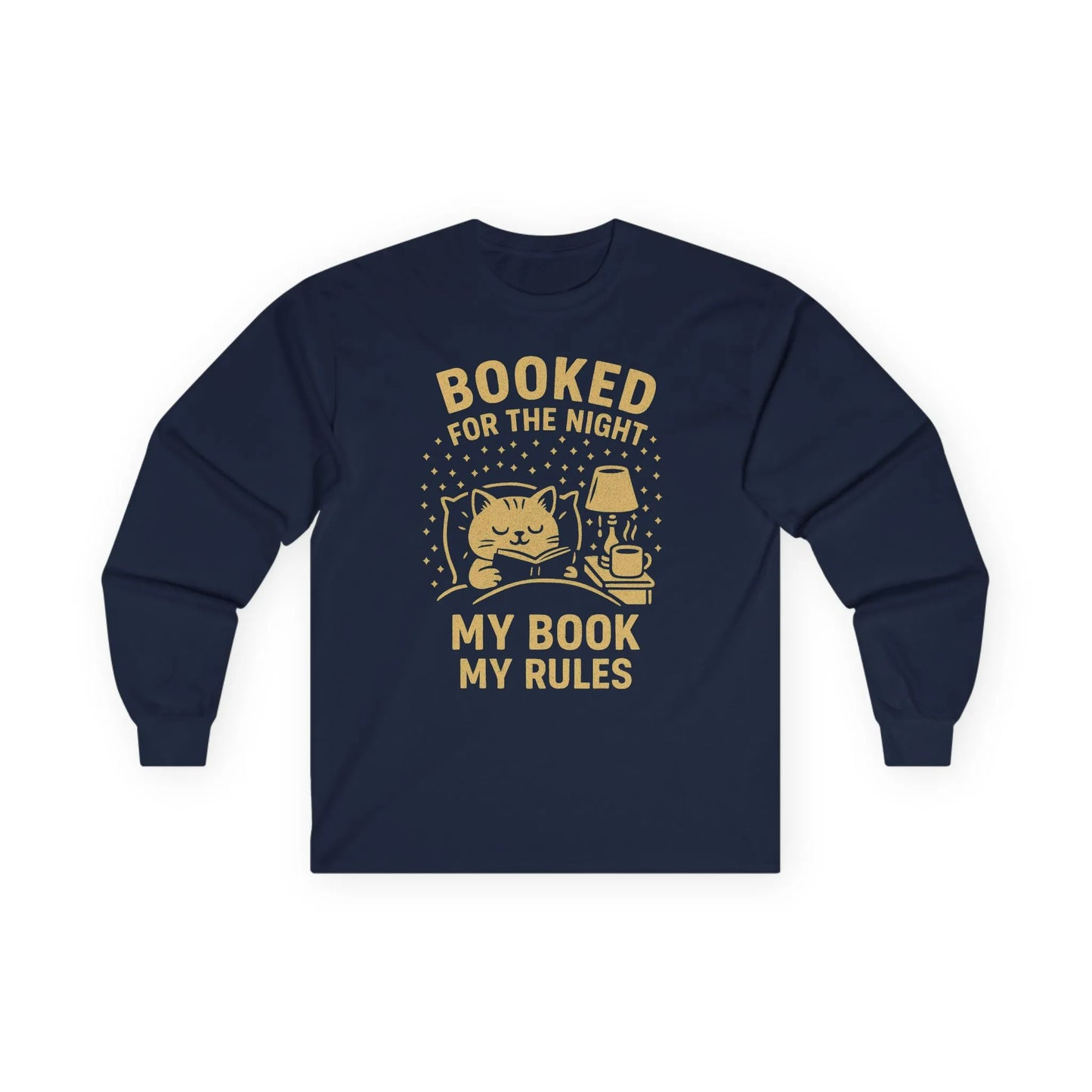 Navy long sleeve shirt features a curled-up cat and the text 'Booked for the Night, My Book My Rules'—perfect for book lovers!