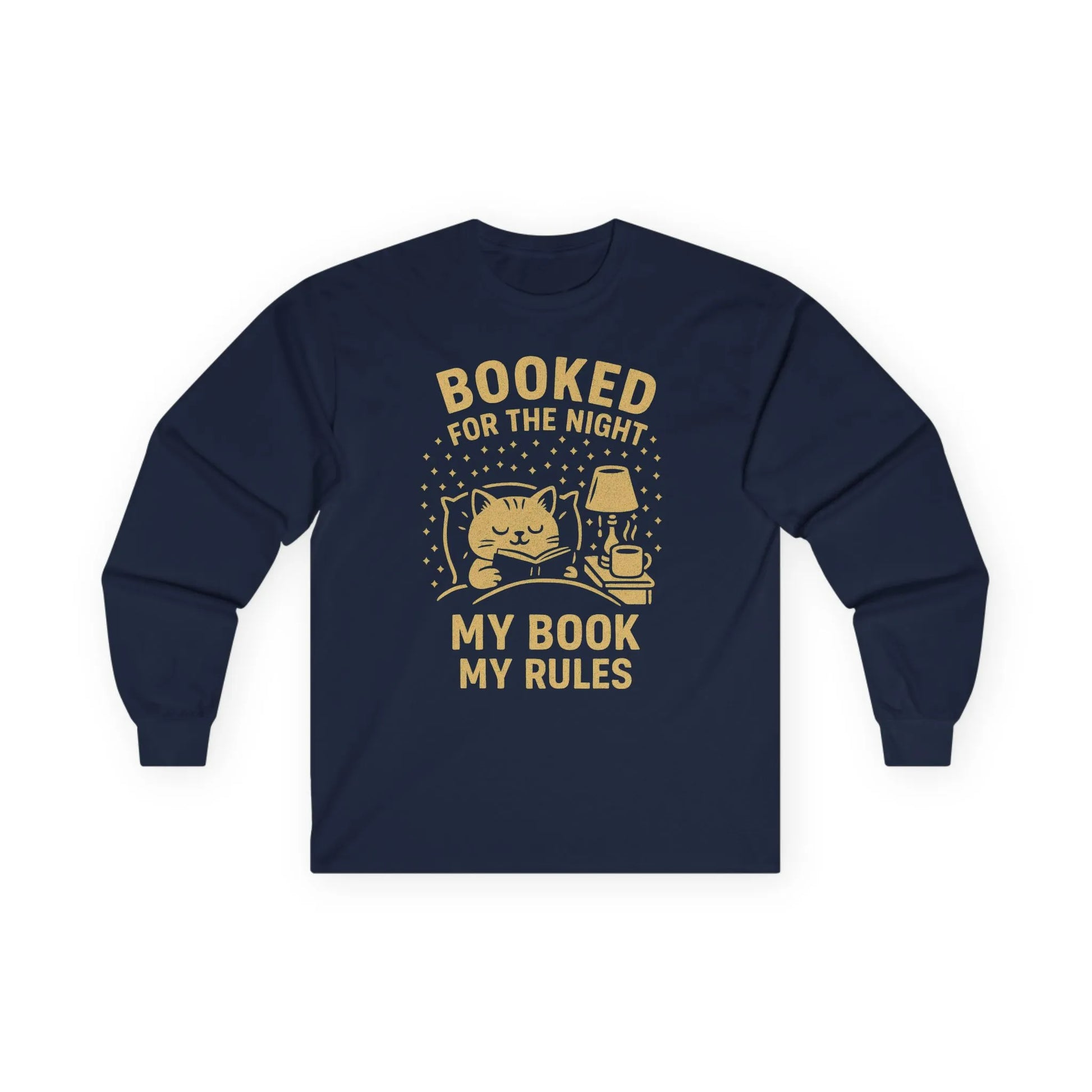 Navy long sleeve shirt features a curled-up cat and the text 'Booked for the Night, My Book My Rules'—perfect for book lovers!