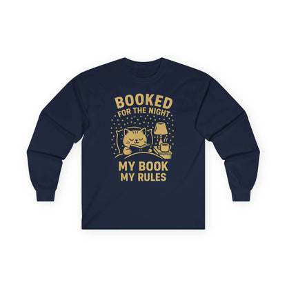 Navy long sleeve shirt features a curled-up cat and the text 'Booked for the Night, My Book My Rules'—perfect for book lovers!