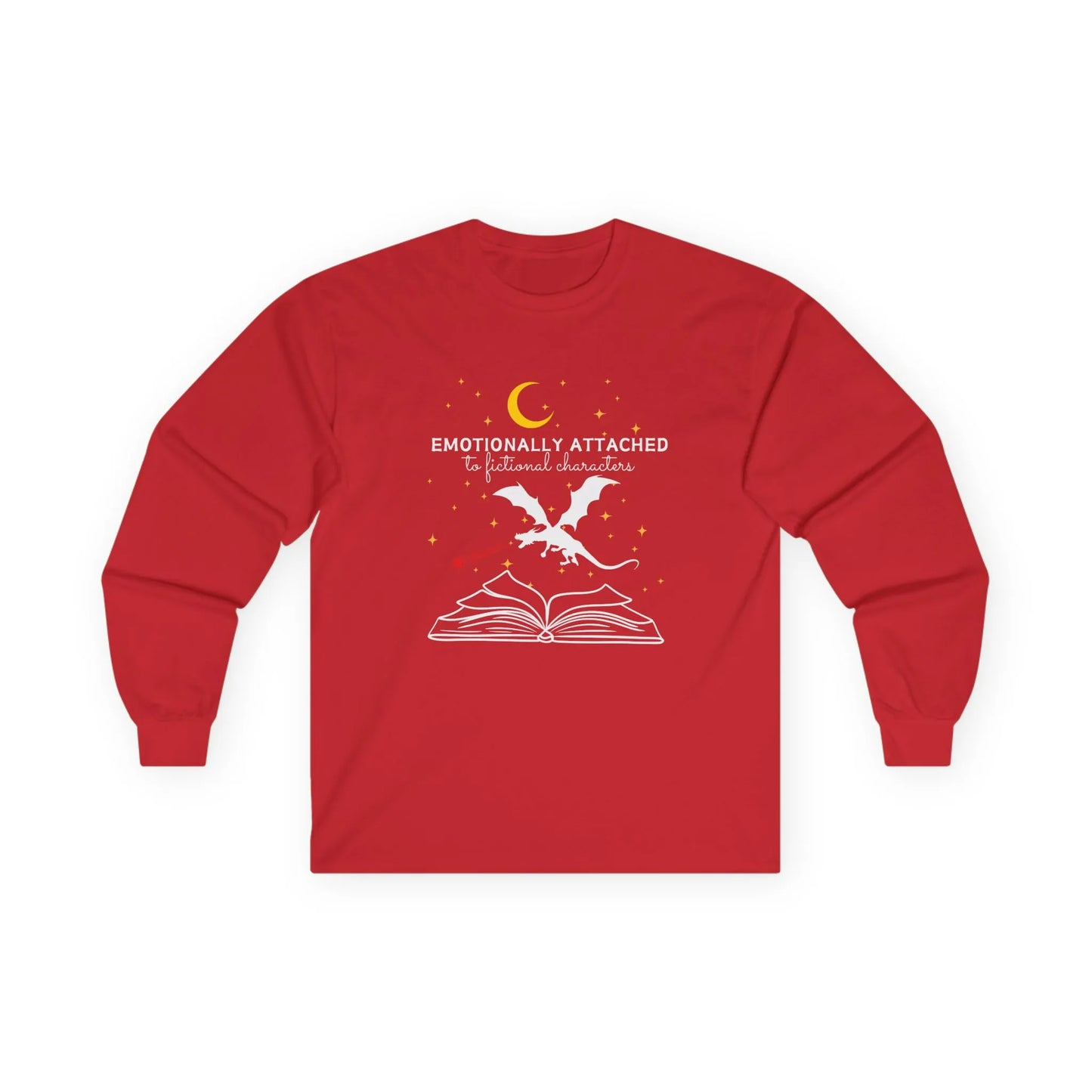 Fictional Characters Long Sleeve shirt with a dragon and stars above an open book and the text ‘Emotionally Attached to Fictional Characters’.
