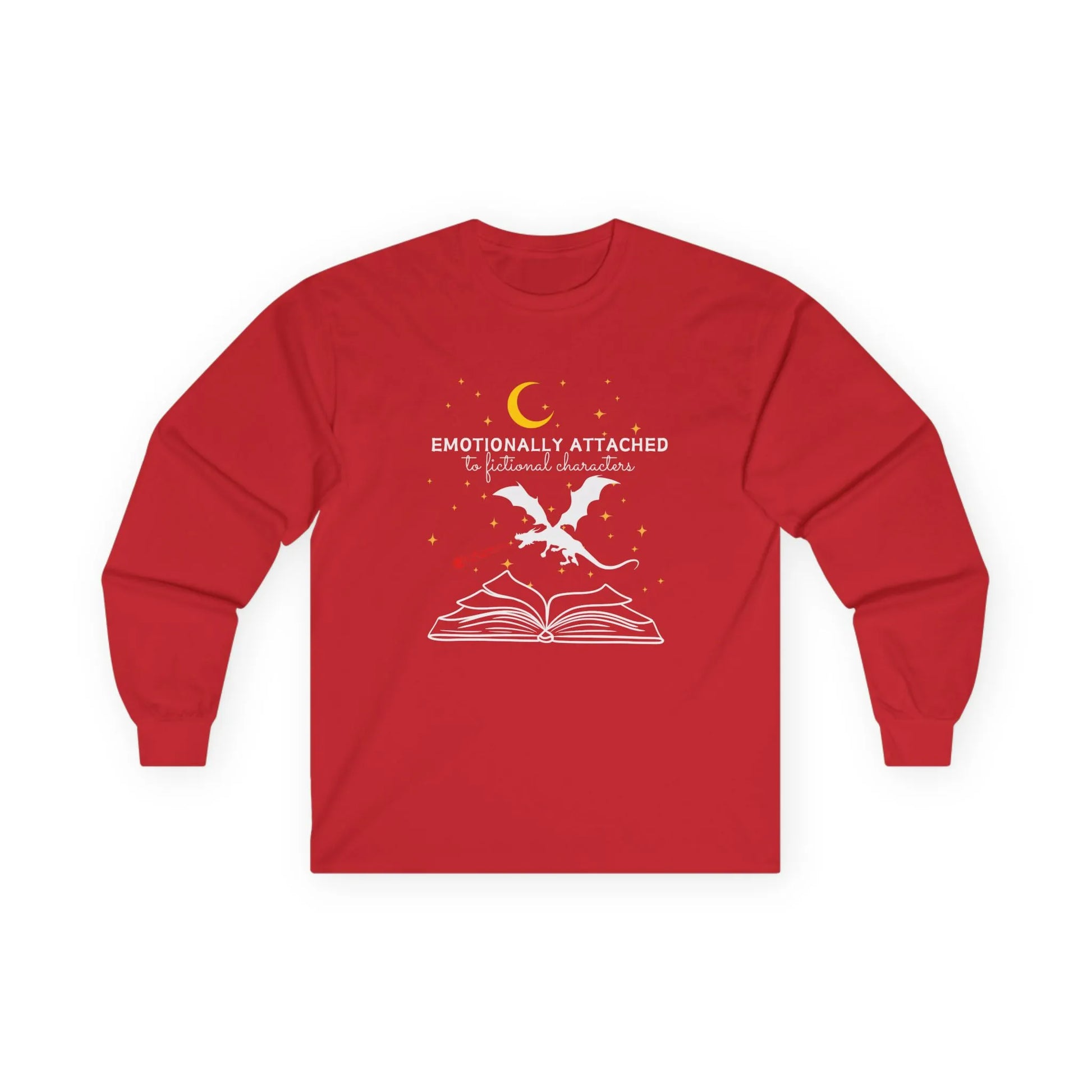 Fictional Characters Long Sleeve shirt with a dragon and stars above an open book and the text ‘Emotionally Attached to Fictional Characters’.