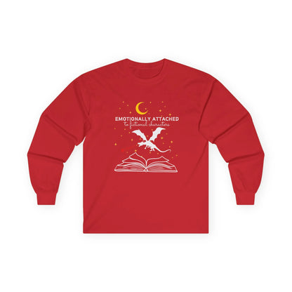 Fictional Characters Long Sleeve shirt with a dragon and stars above an open book and the text ‘Emotionally Attached to Fictional Characters’.