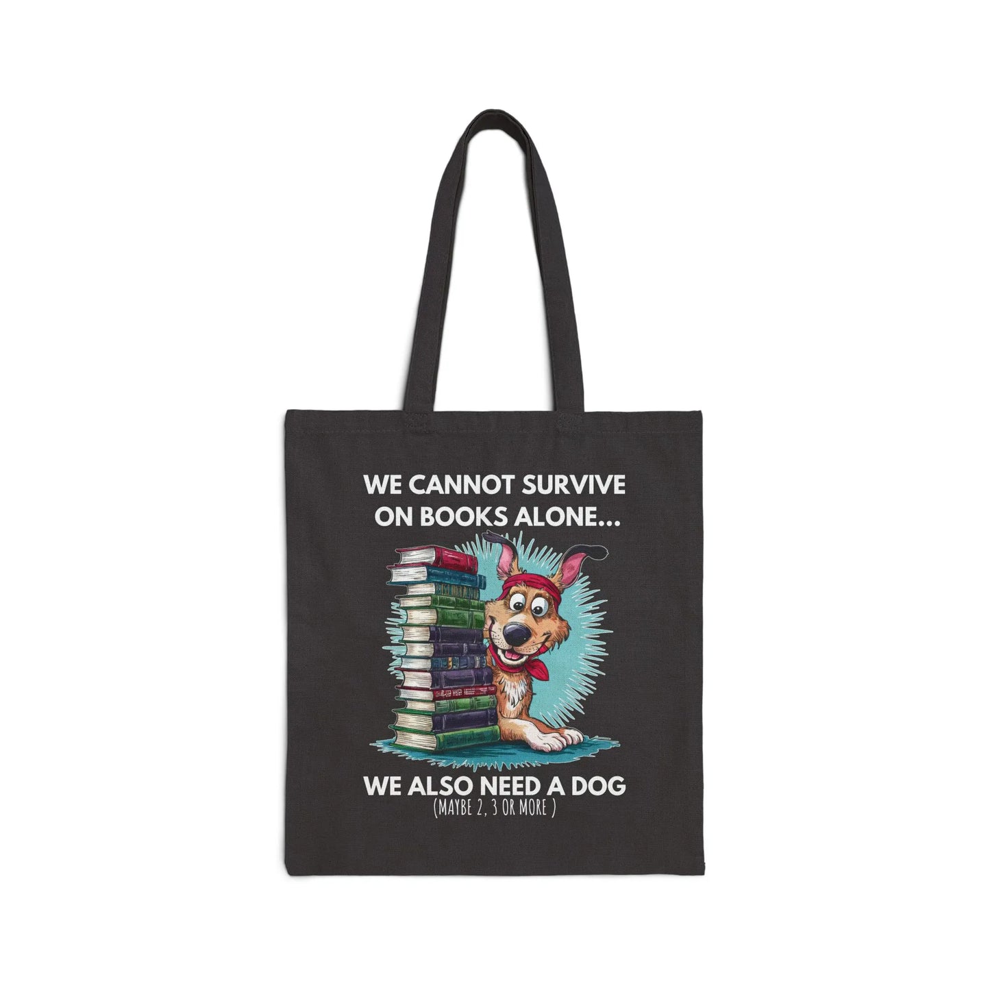 Books & Dogs, Perfect Combo Tote Bag featuring a playful dog graphic surrounded by books, durable canvas material.
