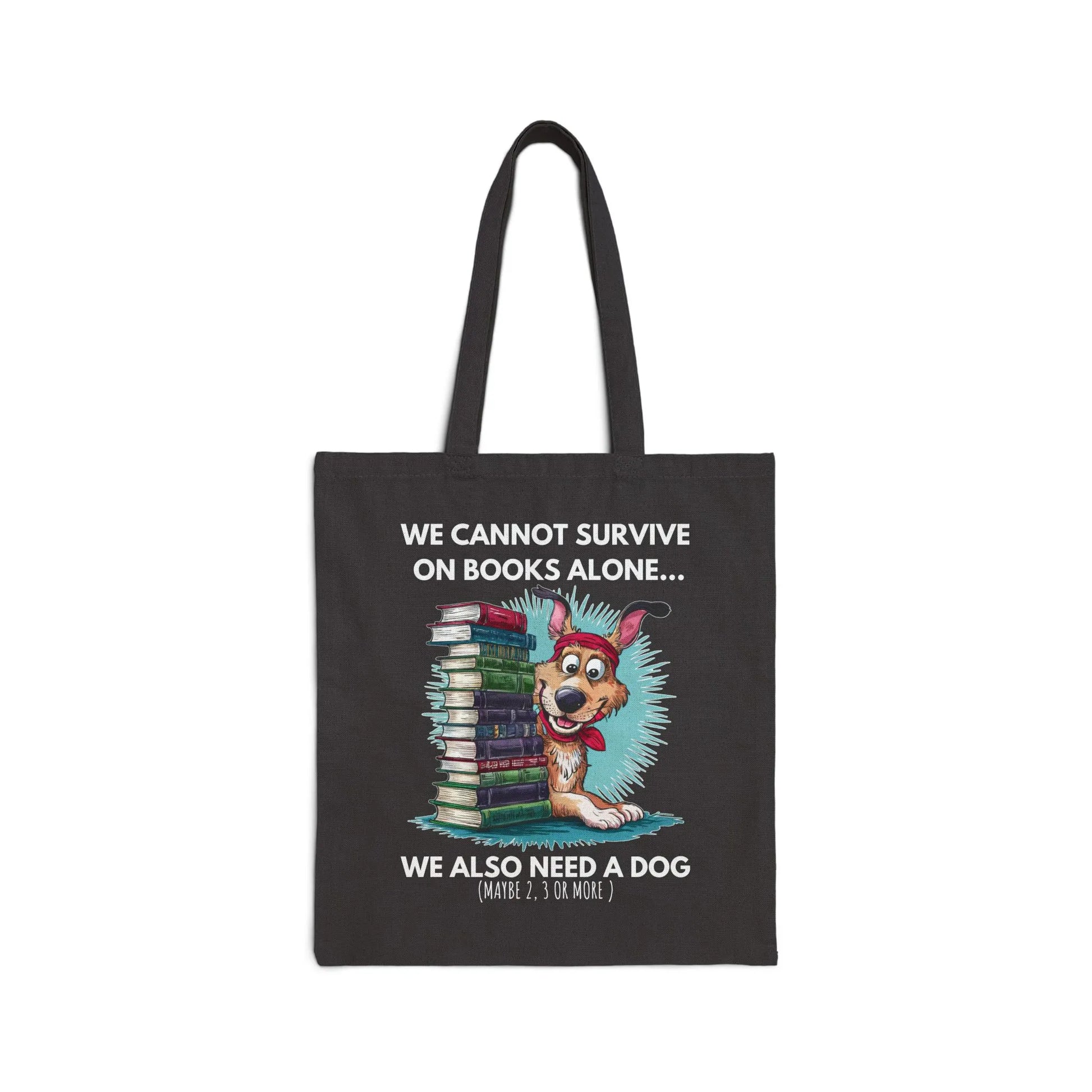 Books & Dogs, Perfect Combo Tote Bag featuring a playful dog graphic surrounded by books, durable canvas material.