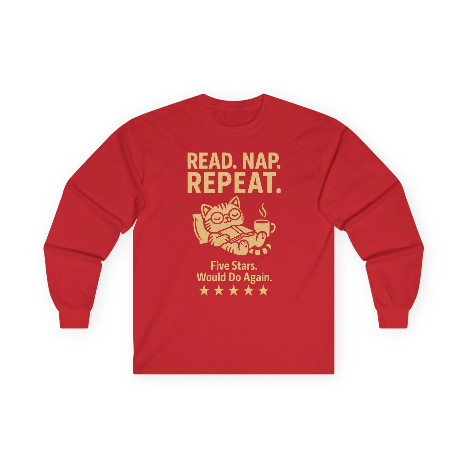 Cozy Read. Nap. Repeat. Long Sleeve shirt featuring a relaxed cat with coffee and funny bookish humor, perfect for book lovers.