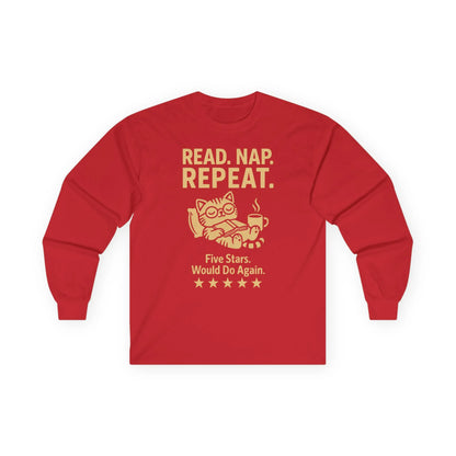 Cozy Read. Nap. Repeat. Long Sleeve shirt featuring a relaxed cat with coffee and funny bookish humor, perfect for book lovers.