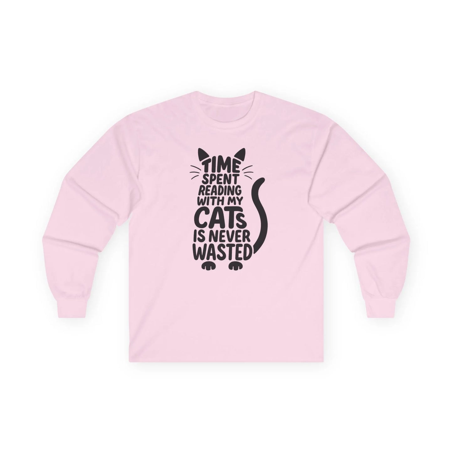 Never Wasted with Cats Long Sleeve featuring a cat silhouette and text that says, "Time spent reading with my cats is never wasted."