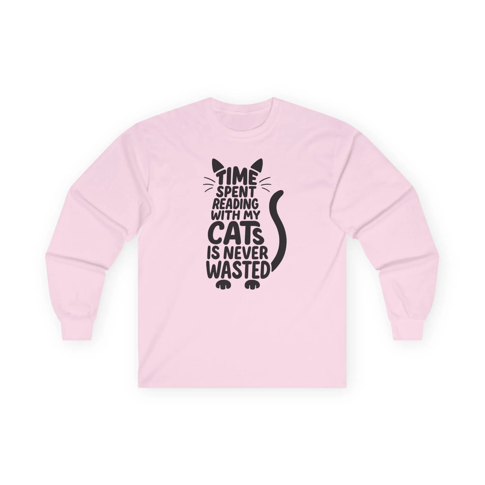 Never Wasted with Cats Long Sleeve featuring a cat silhouette and text that says, "Time spent reading with my cats is never wasted."