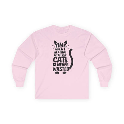 Never Wasted with Cats Long Sleeve featuring a cat silhouette and text that says, "Time spent reading with my cats is never wasted."