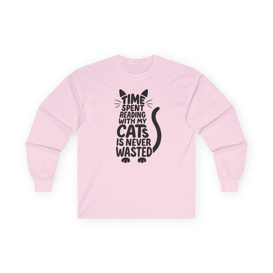Never Wasted with Cats Long Sleeve featuring a cat silhouette and text that says, "Time spent reading with my cats is never wasted."