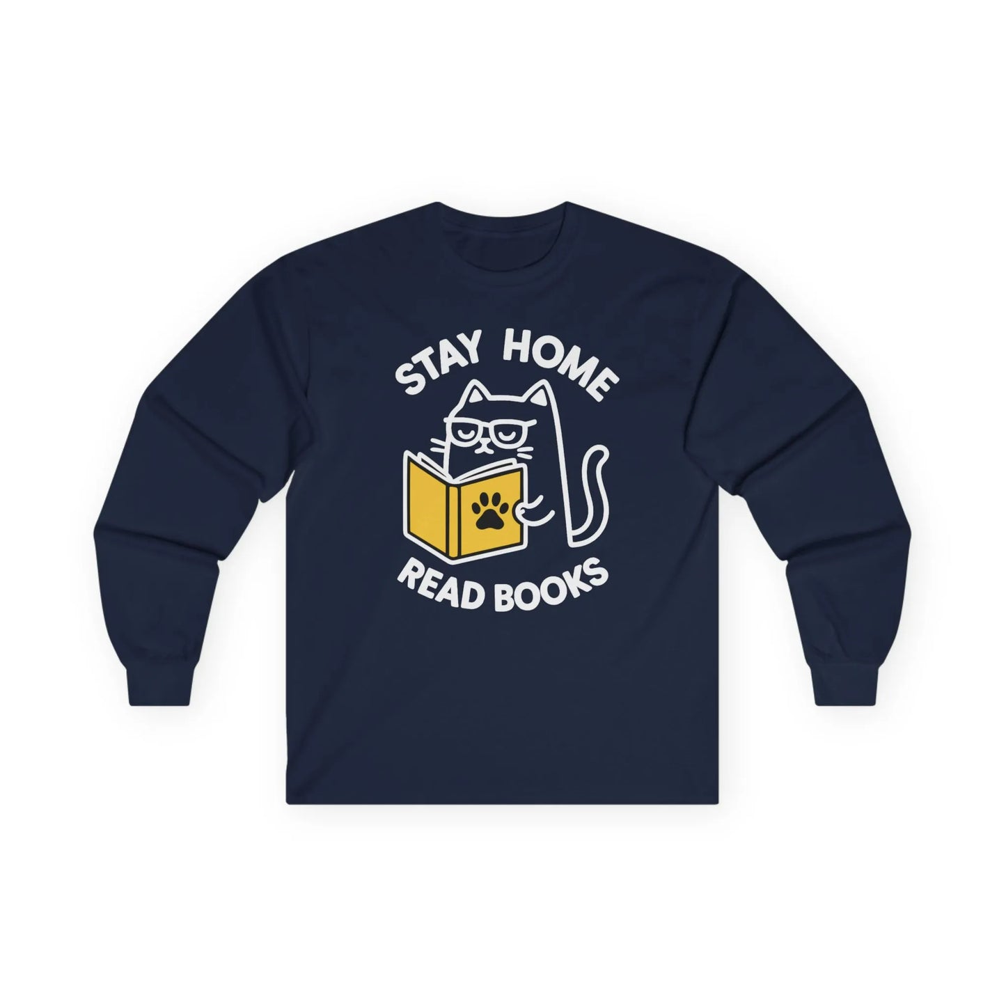 Purrfect Homebody Long Sleeve featuring a cute cat with glasses reading a book, perfect gift for book lovers and cat enthusiasts.