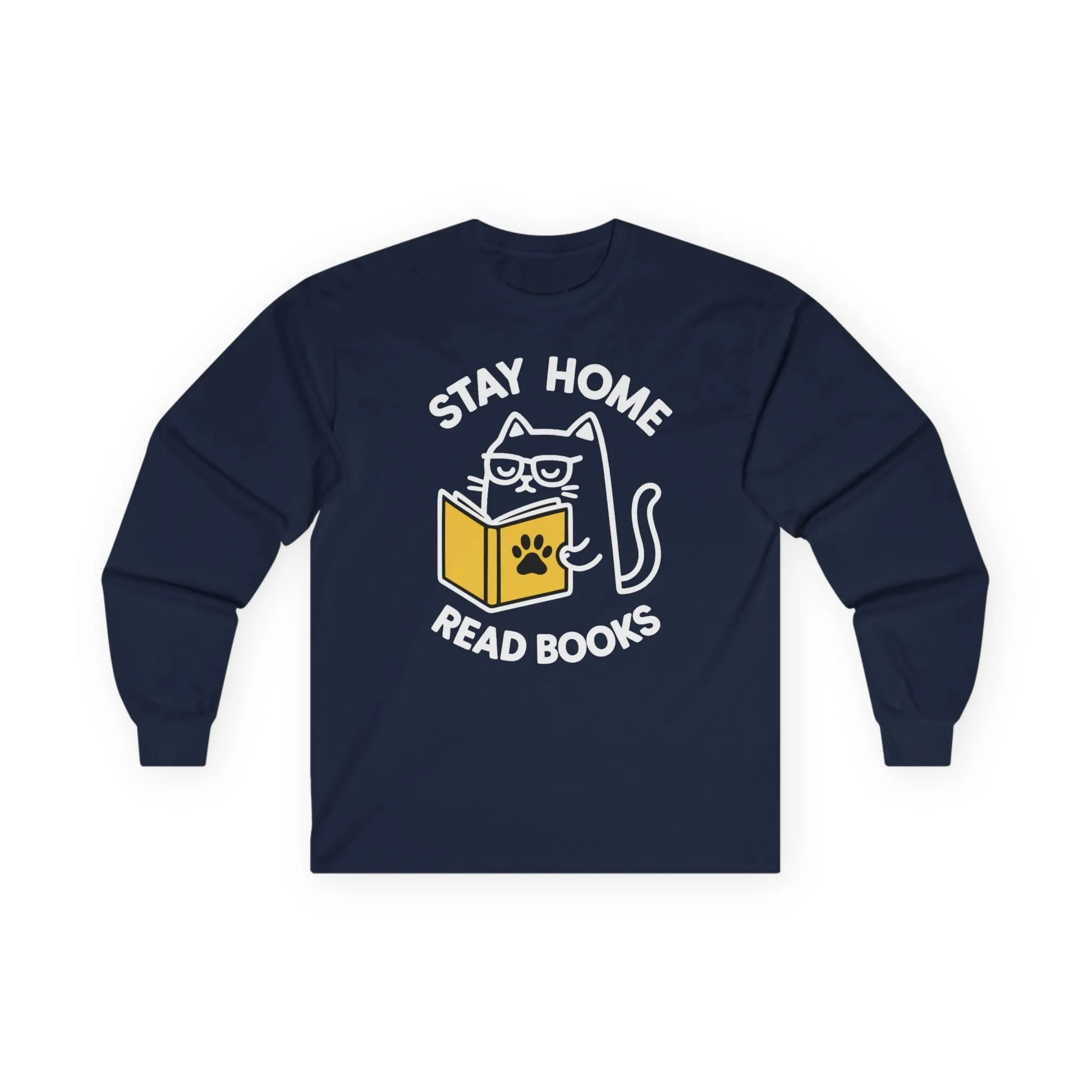 Purrfect Homebody Long Sleeve featuring a cute cat with glasses reading a book, perfect gift for book lovers and cat enthusiasts.