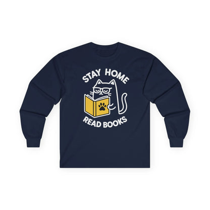 Purrfect Homebody Long Sleeve featuring a cute cat with glasses reading a book, perfect gift for book lovers and cat enthusiasts.