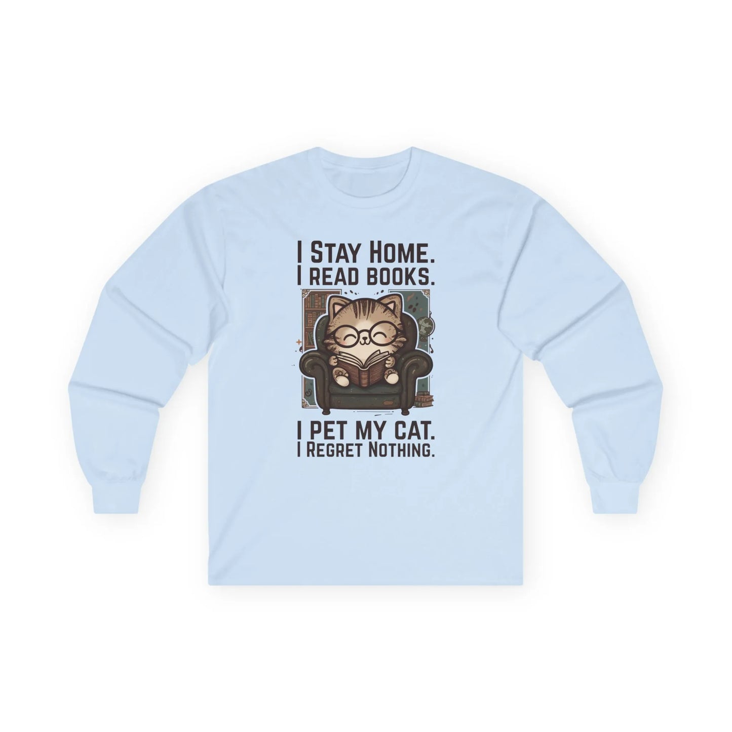 Library Cat Reader Long Sleeve features a cute cat in glasses reading, with funny text about petting cats and loving books.