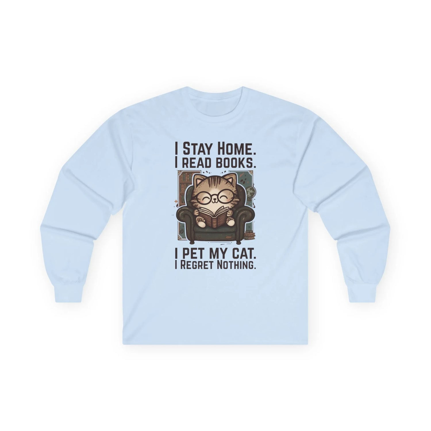 Library Cat Reader Long Sleeve features a cute cat in glasses reading, with funny text about petting cats and loving books.