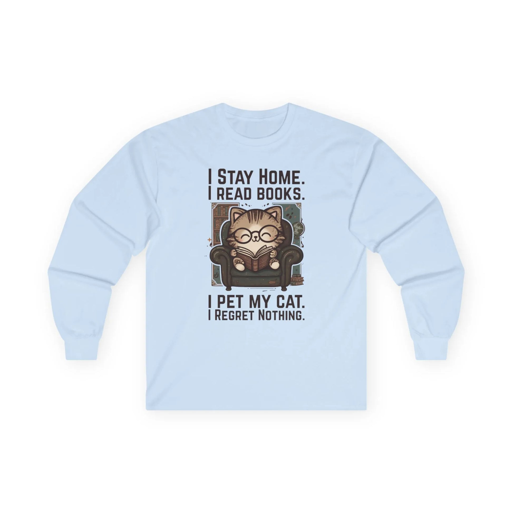 Library Cat Reader Long Sleeve features a cute cat in glasses reading, with funny text about petting cats and loving books.
