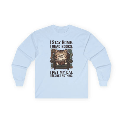 Library Cat Reader Long Sleeve features a cute cat in glasses reading, with funny text about petting cats and loving books.