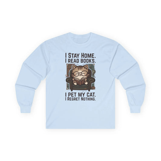 Library Cat Reader Long Sleeve features a cute cat in glasses reading, with funny text about petting cats and loving books.