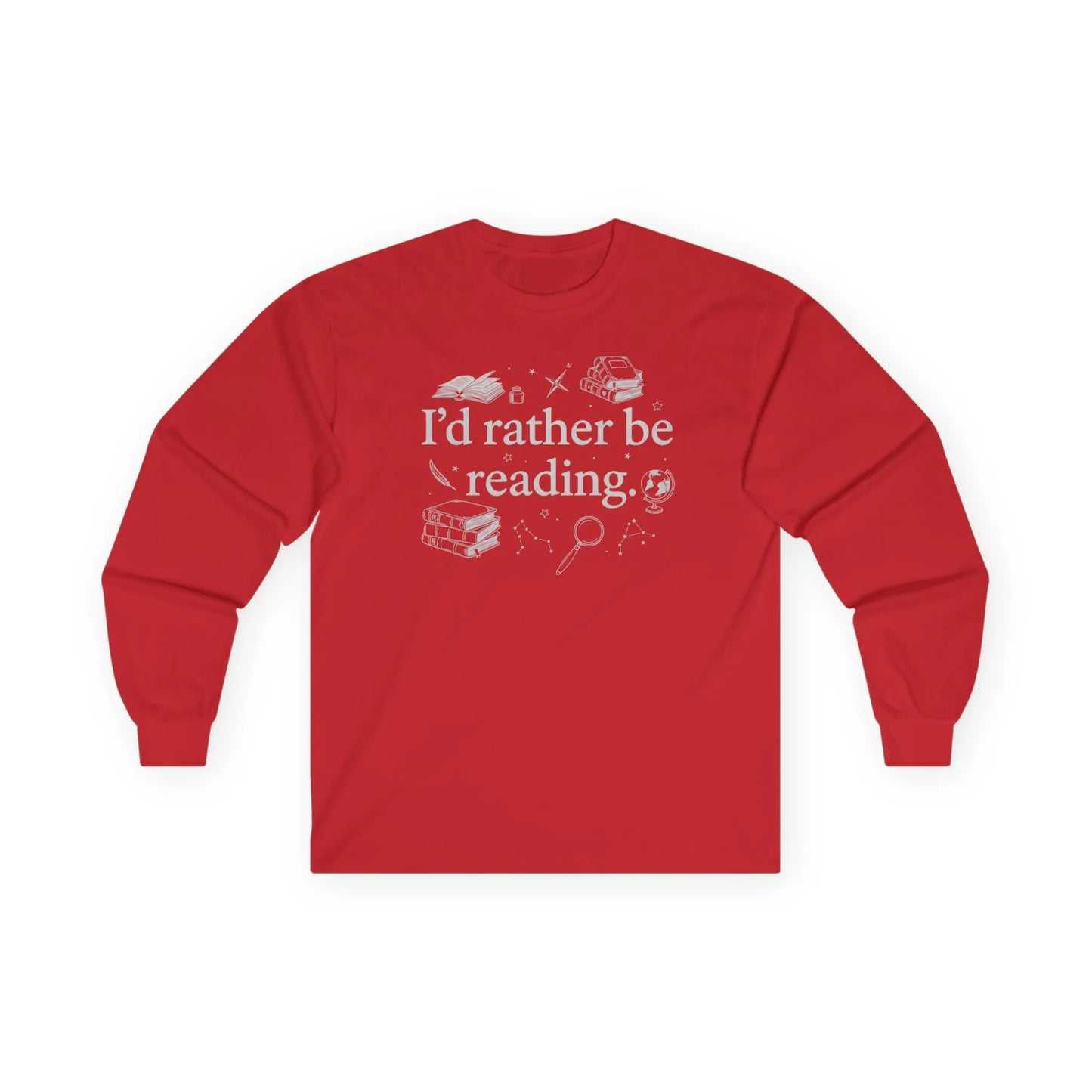Rather Be Reading 2 Long Sleeve, cozy red long sleeve shirt for book lovers featuring fun reading graphics.