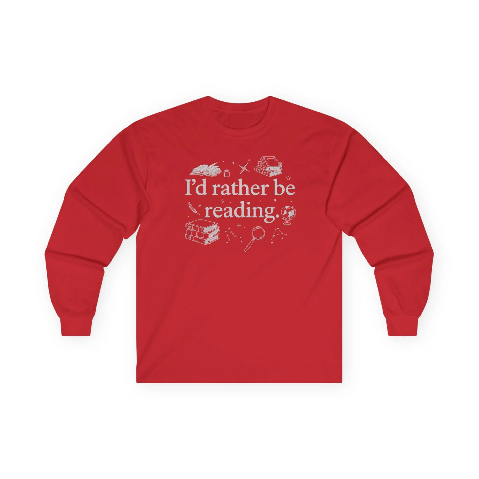 Rather Be Reading 2 Long Sleeve, cozy red long sleeve shirt for book lovers featuring fun reading graphics.