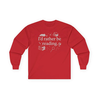 Rather Be Reading 2 Long Sleeve, cozy red long sleeve shirt for book lovers featuring fun reading graphics.