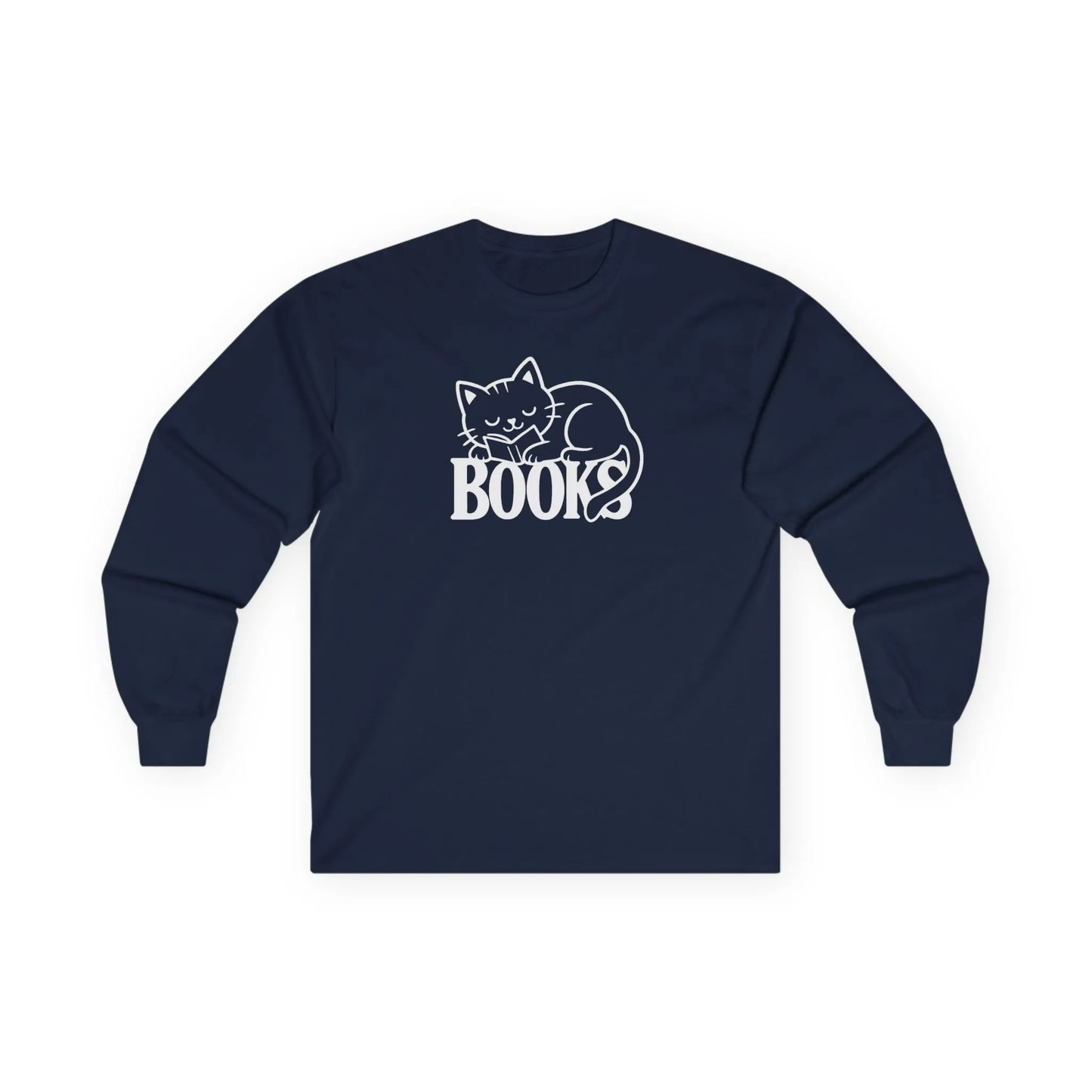 Cozy Catnap & Books Long Sleeve shirt featuring a sleeping cat illustration wrapped around the word 'BOOKS' - perfect for book lovers!
