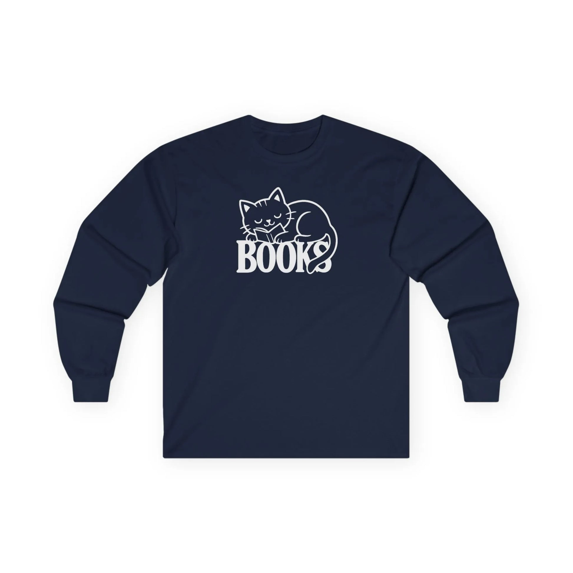 Cozy Catnap & Books Long Sleeve shirt featuring a sleeping cat illustration wrapped around the word 'BOOKS' - perfect for book lovers!