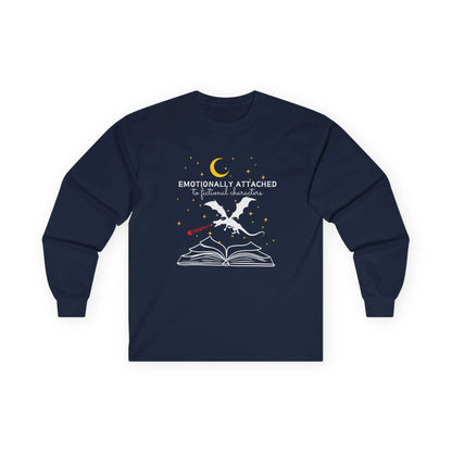 Fictional Characters Long Sleeve featuring a dragon from a book with 'Emotionally Attached' quote, perfect for book lovers.