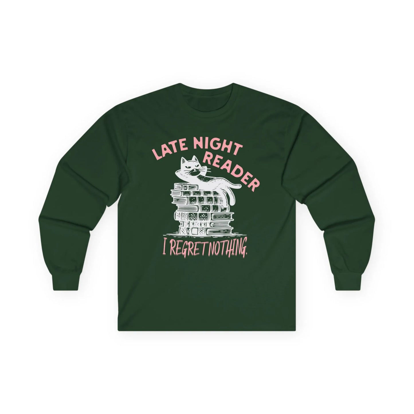 Late Night Reader Long Sleeve shirt featuring a cat on stacked books with the phrase 'I Regret Nothing,' perfect for book lovers.