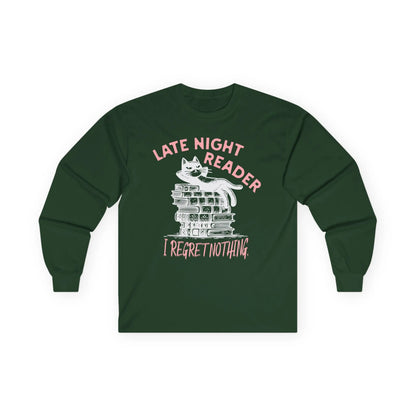 Late Night Reader Long Sleeve shirt featuring a cat on stacked books with the phrase 'I Regret Nothing,' perfect for book lovers.