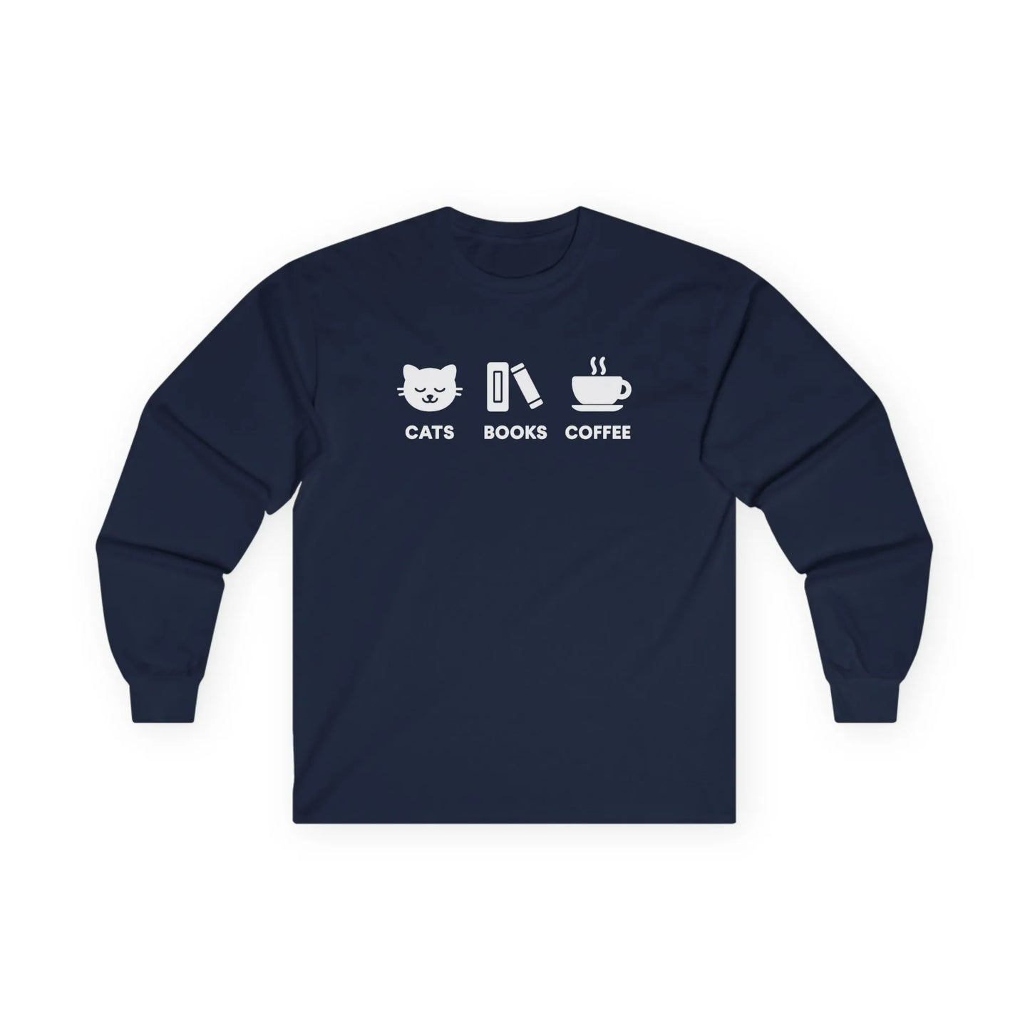 Holy Trinity Long Sleeve featuring playful icons of cats, books, and coffee on a cozy long sleeve shirt for book lovers.