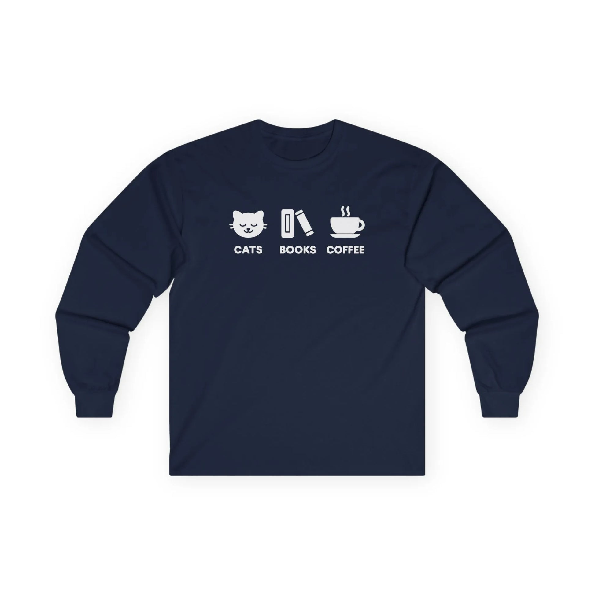 Holy Trinity Long Sleeve featuring playful icons of cats, books, and coffee on a cozy long sleeve shirt for book lovers.