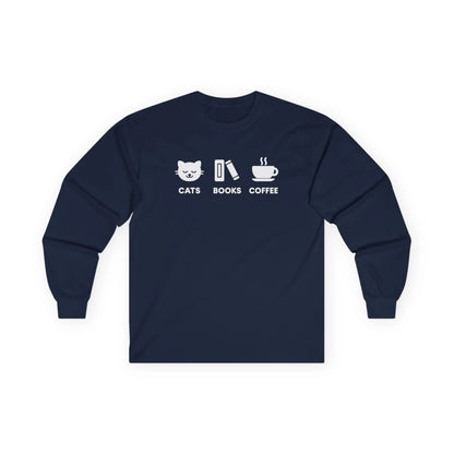 Holy Trinity Long Sleeve featuring playful icons of cats, books, and coffee on a cozy long sleeve shirt for book lovers.