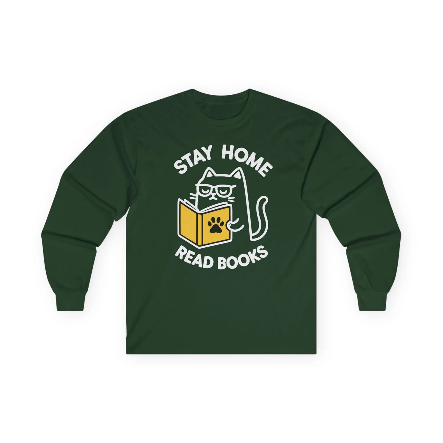 Purrfect Homebody Long Sleeve features a cute cat with glasses holding a book, perfect for cozy nights in. Ideal gift for book lovers!