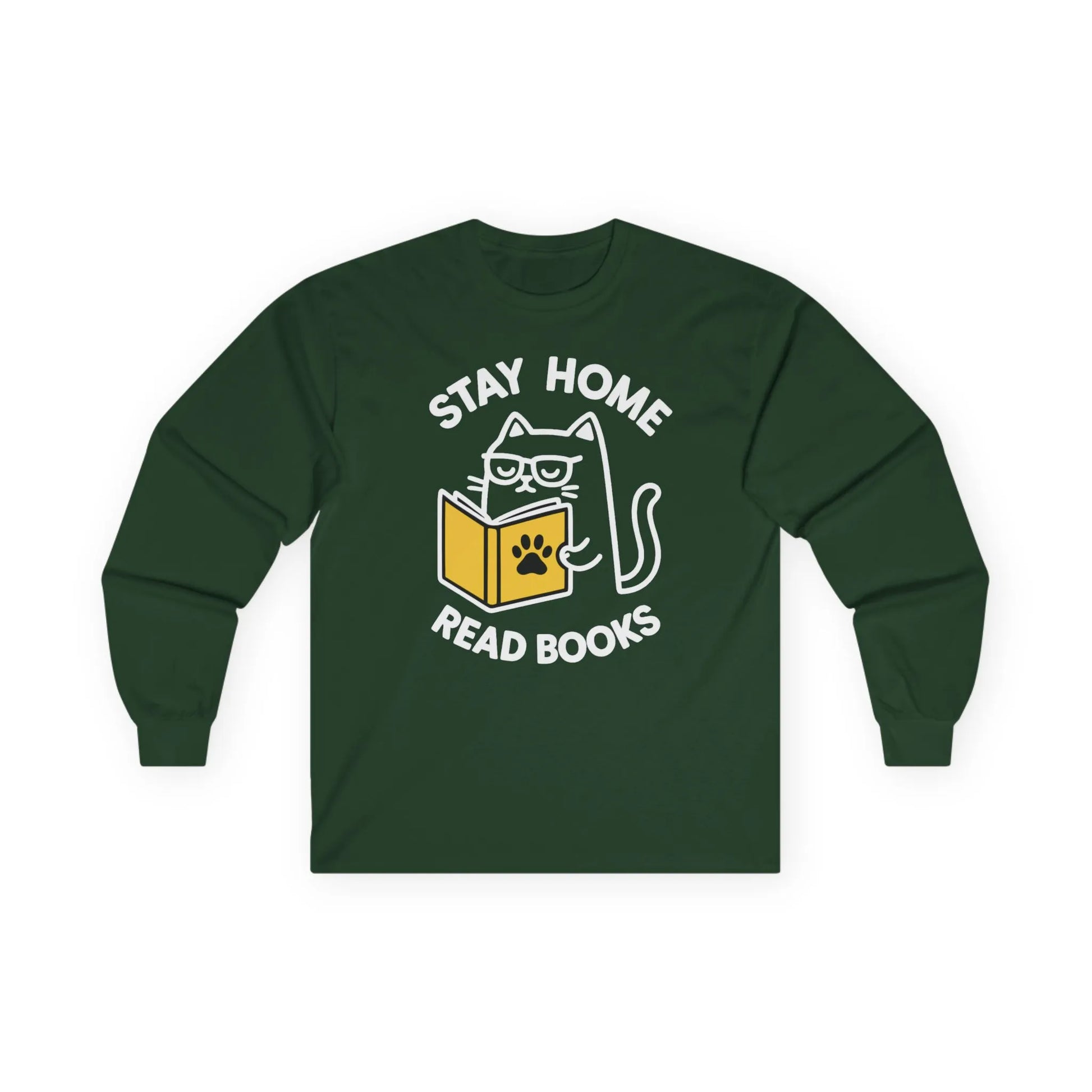 Purrfect Homebody Long Sleeve features a cute cat with glasses holding a book, perfect for cozy nights in. Ideal gift for book lovers!