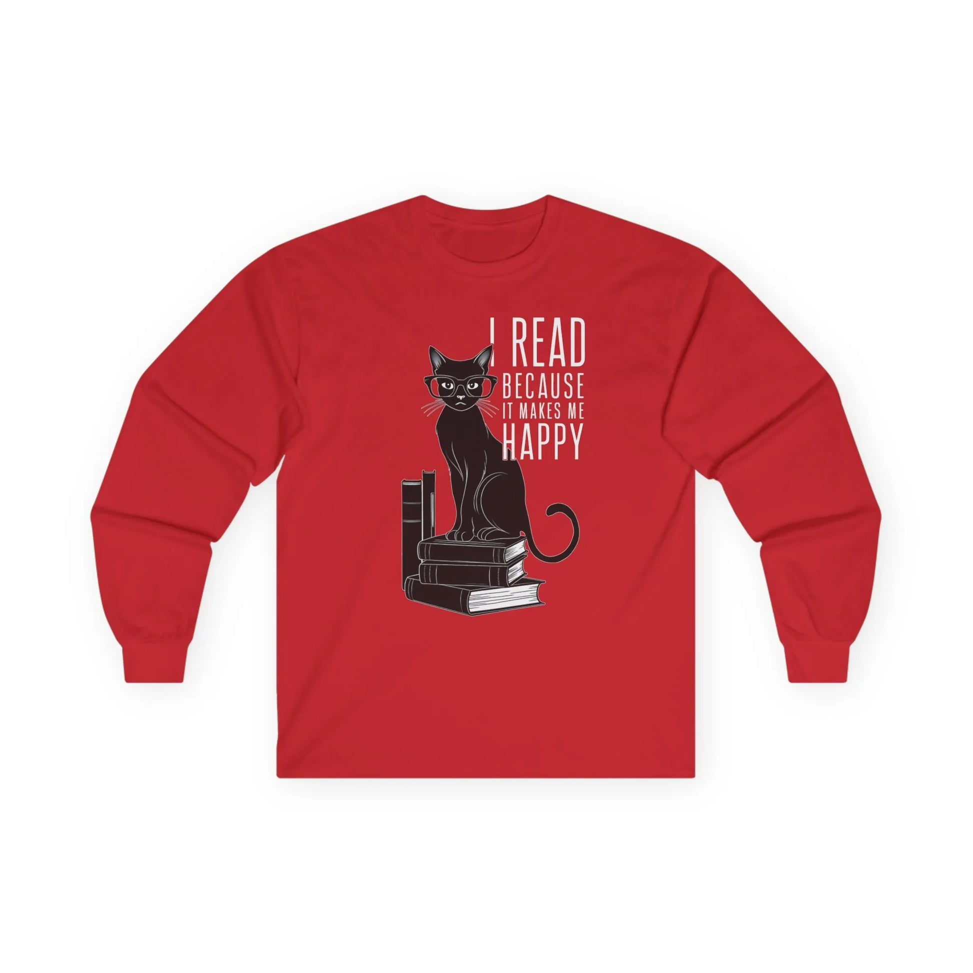 Cozy red long sleeve shirt with a black cat on books and the quote 'I read because it makes me happy' for book lovers.