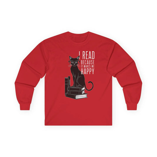 Cozy red long sleeve shirt with a black cat on books and the quote 'I read because it makes me happy' for book lovers.
