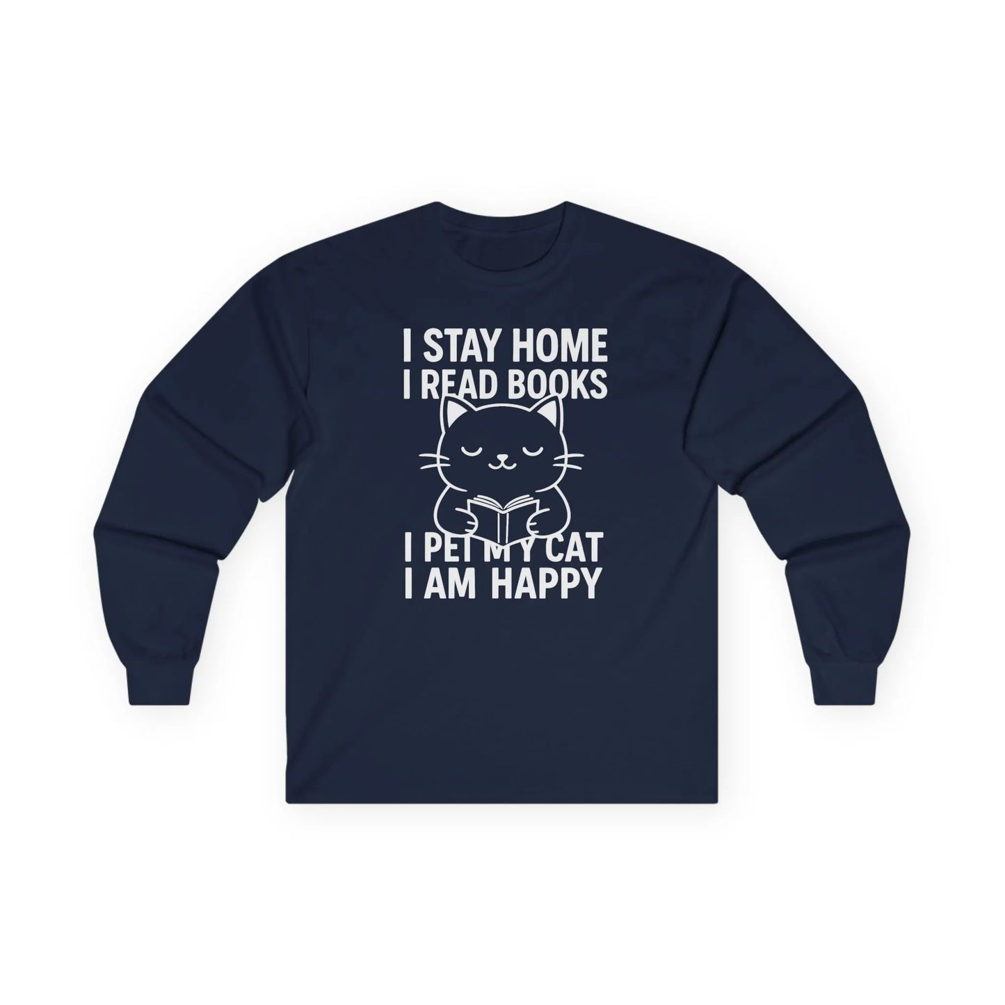 Happy Cat Reader Long Sleeve featuring a cat design and book-themed text on a cozy navy long sleeve shirt.