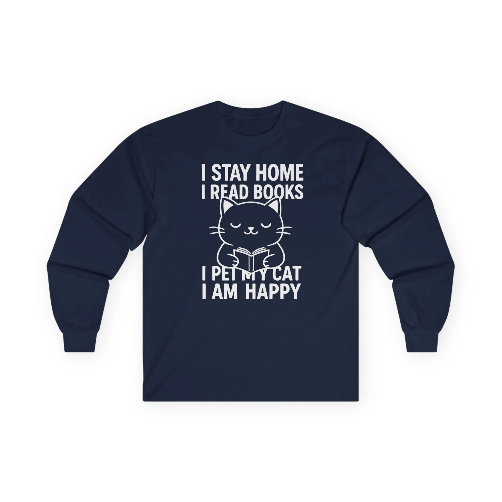 Happy Cat Reader Long Sleeve featuring a cat design and book-themed text on a cozy navy long sleeve shirt.