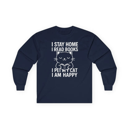 Happy Cat Reader Long Sleeve featuring a cat design and book-themed text on a cozy navy long sleeve shirt.