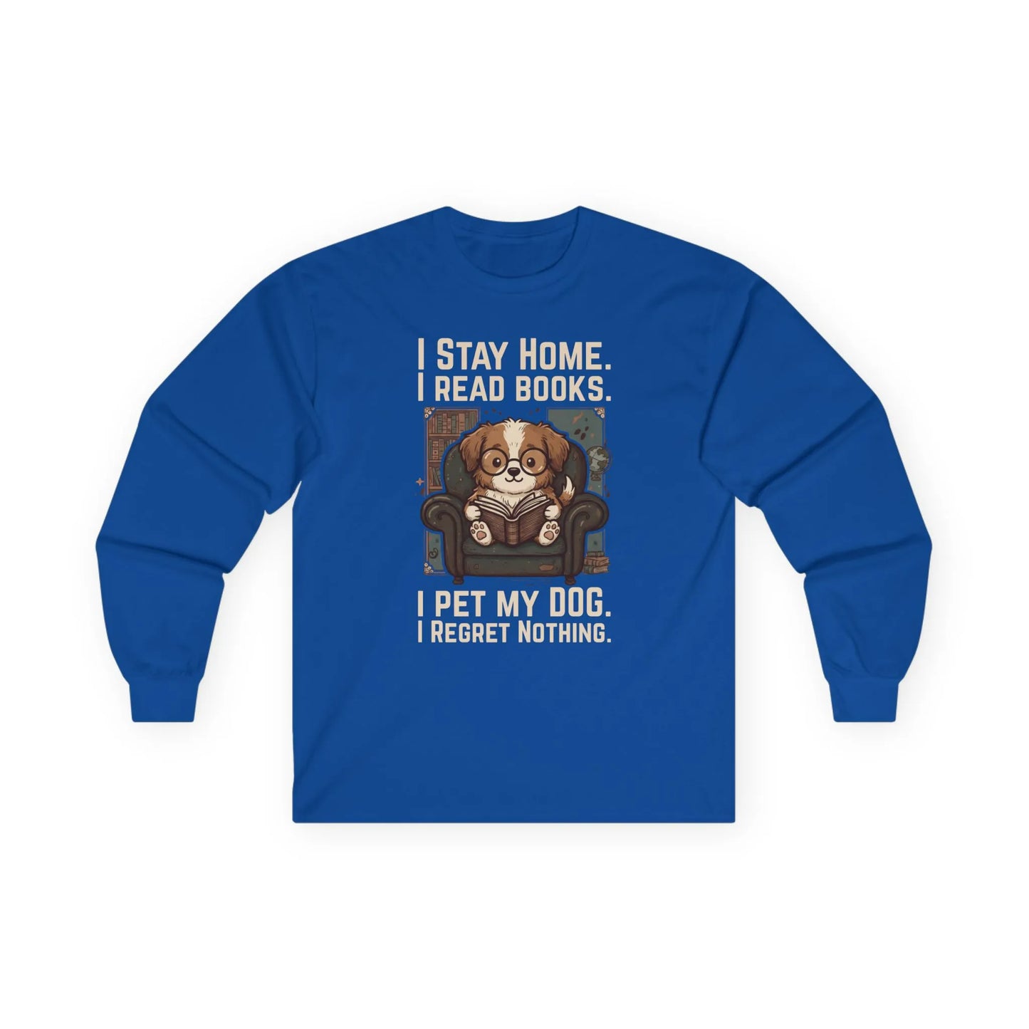Library Dog Reader Long Sleeve in blue features a funny dog reading a book design, perfect for cozy reading and dog lover gifts.