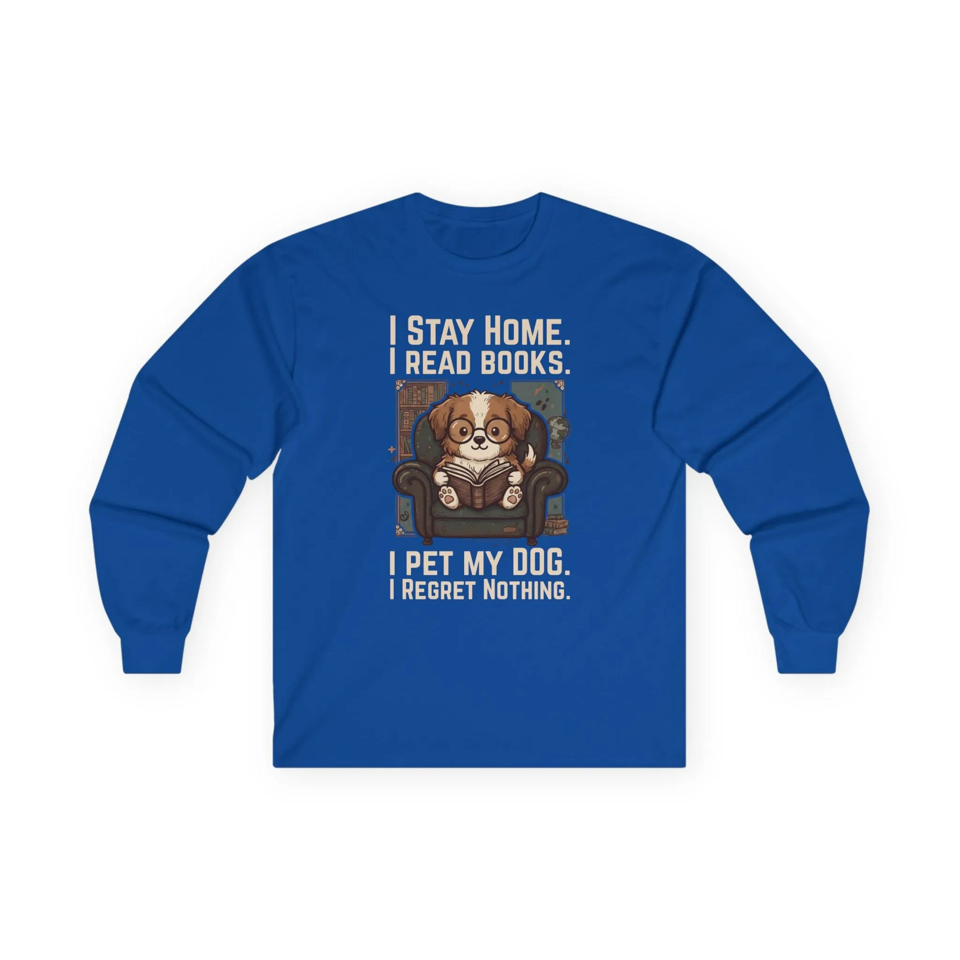 Library Dog Reader Long Sleeve in blue features a funny dog reading a book design, perfect for cozy reading and dog lover gifts.