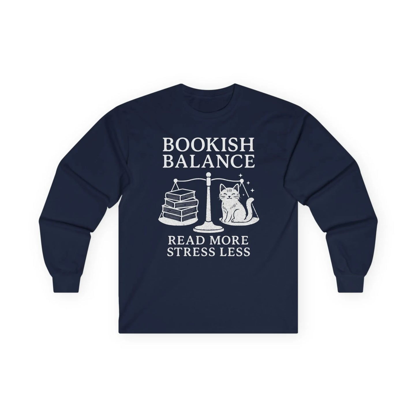 Bookish Balance Long Sleeve featuring a cute cat with books on a scale, perfect cozy book shirt, gifts for readers, funny book shirts.