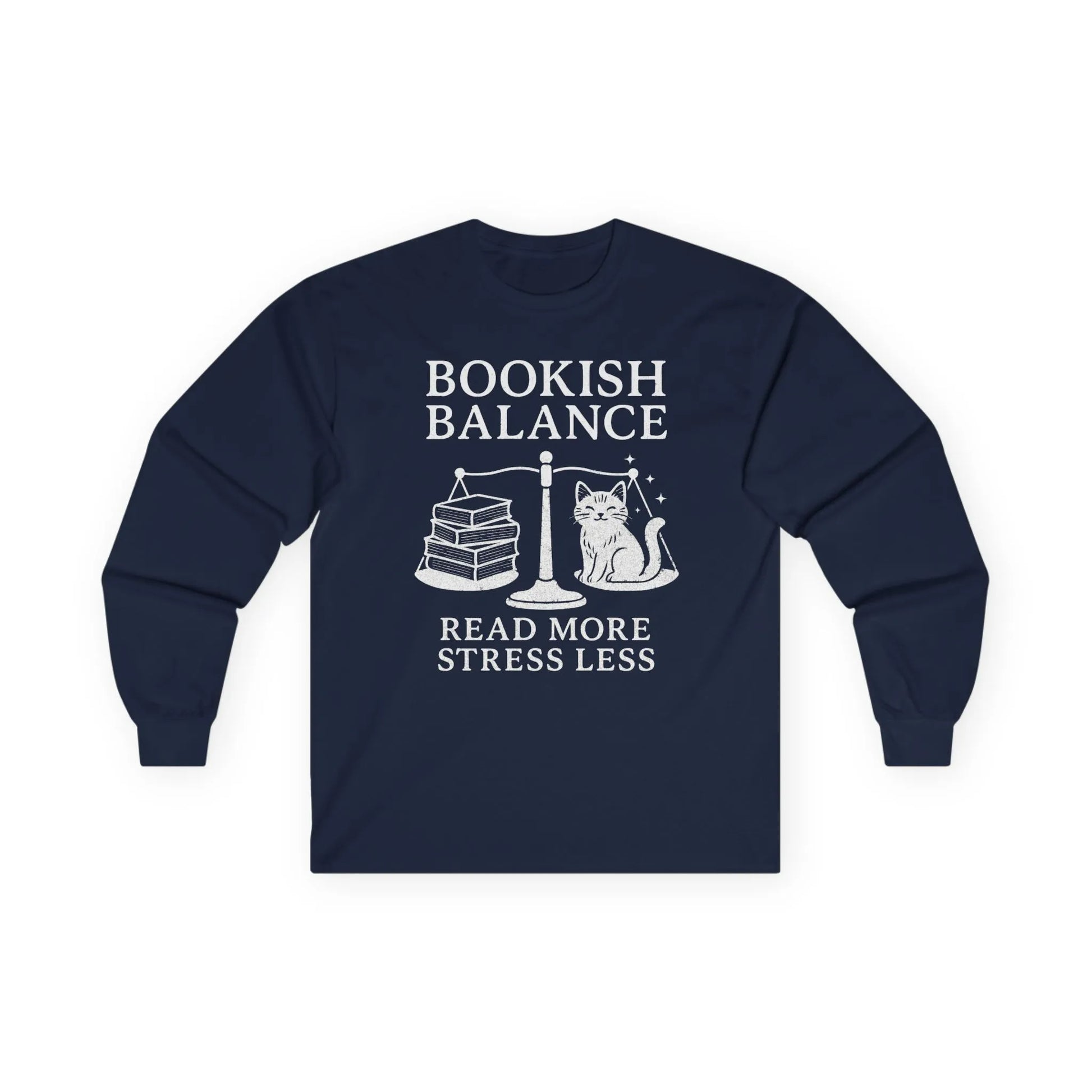 Bookish Balance Long Sleeve featuring a cute cat with books on a scale, perfect cozy book shirt, gifts for readers, funny book shirts.
