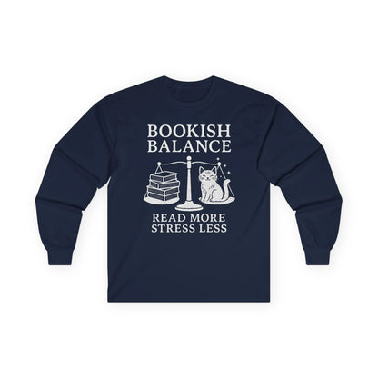 Bookish Balance Long Sleeve featuring a cute cat with books on a scale, perfect cozy book shirt, gifts for readers, funny book shirts.