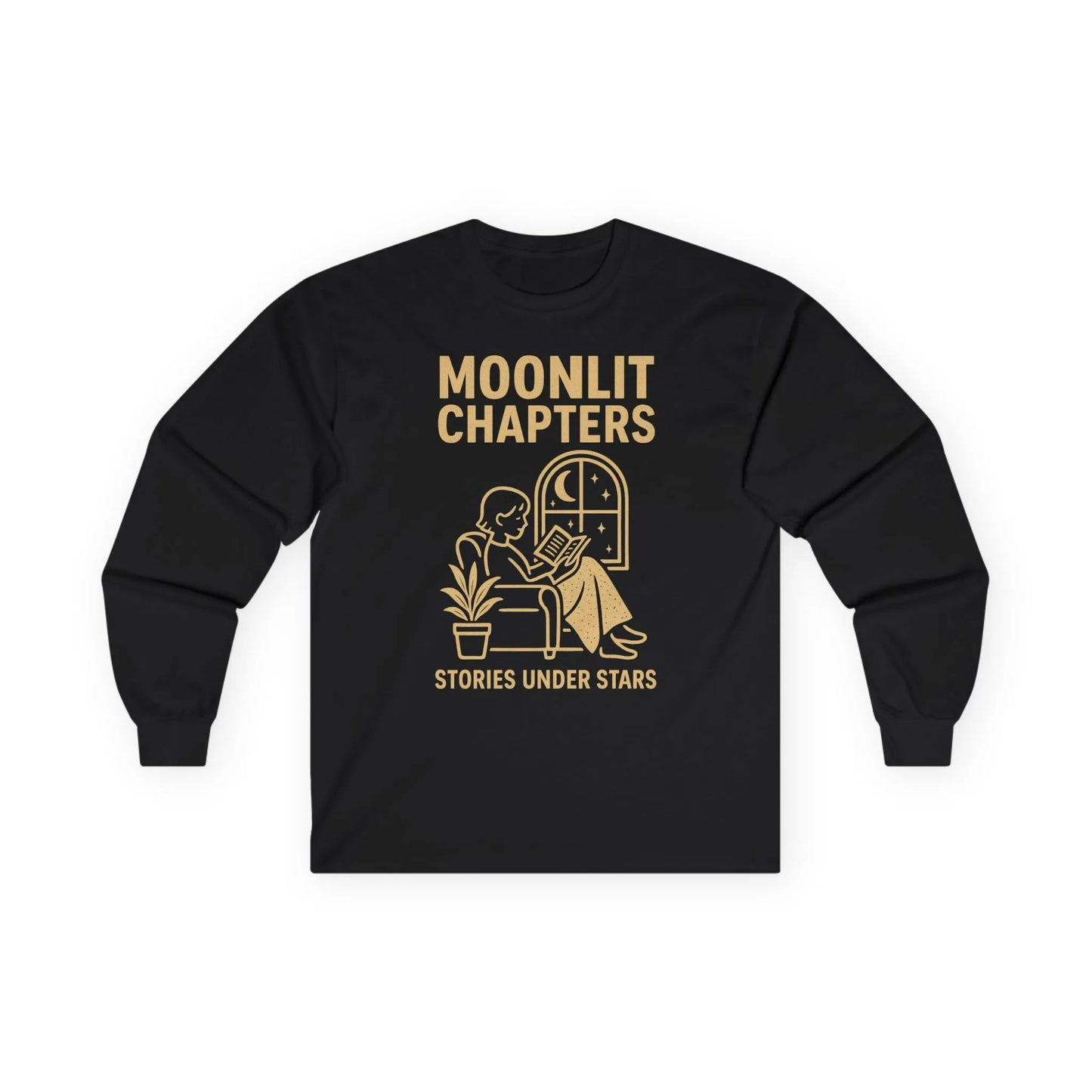 Moonlit Chapters Long Sleeve shirt featuring a reader by a window, perfect for book lovers and cozy nights.