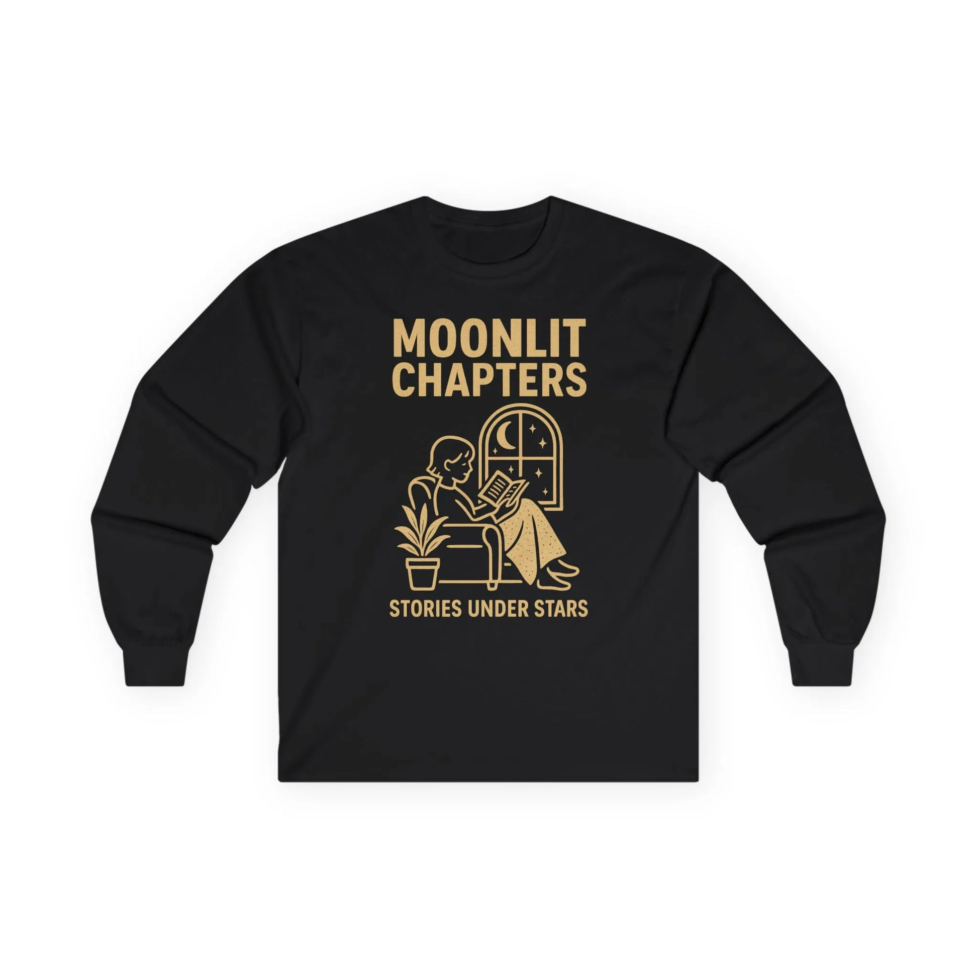 Moonlit Chapters Long Sleeve shirt featuring a reader by a window, perfect for book lovers and cozy nights.