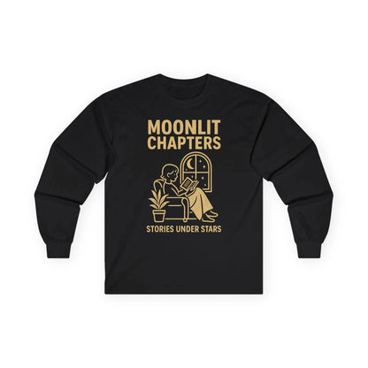 Moonlit Chapters Long Sleeve shirt featuring a reader by a window, perfect for book lovers and cozy nights.