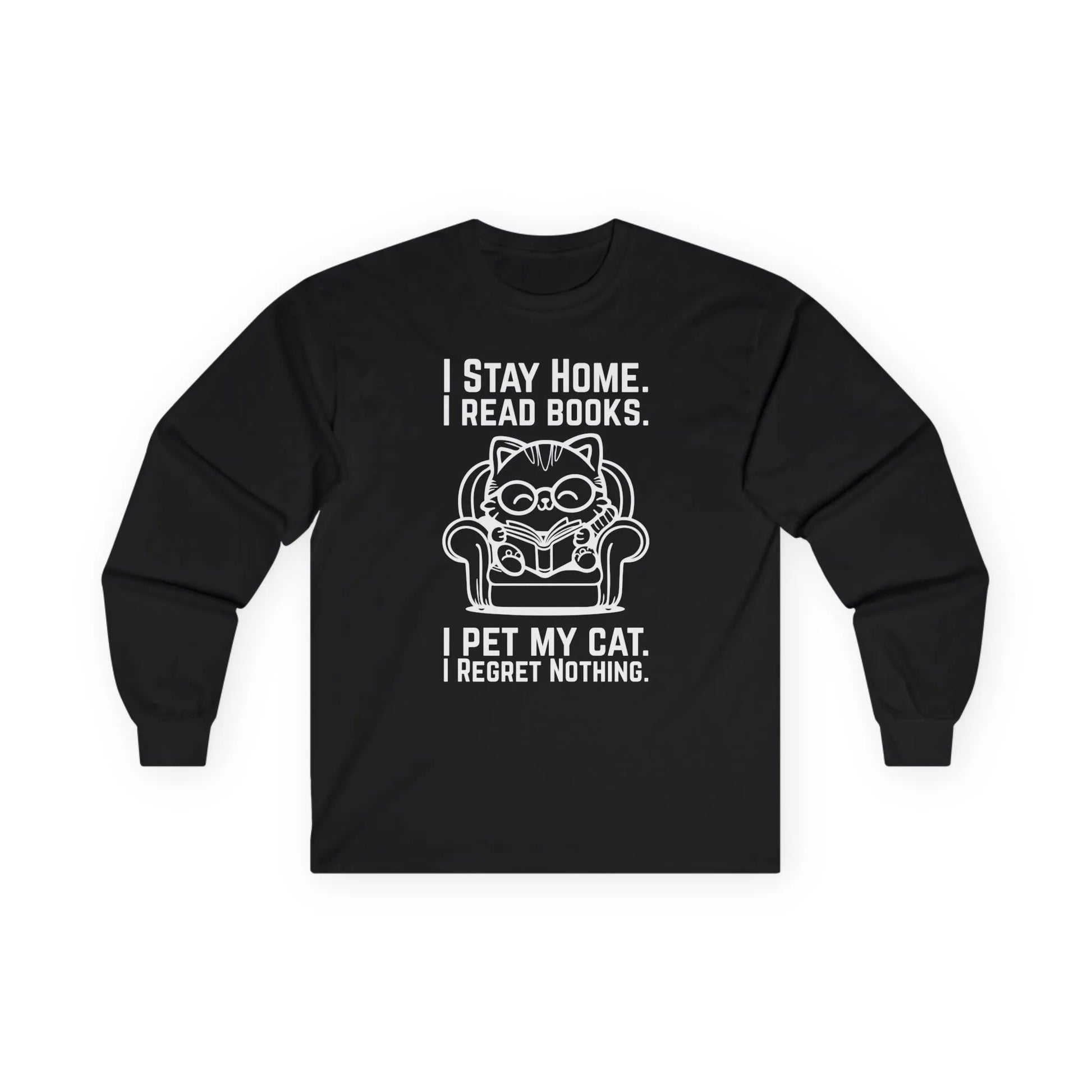 No Regrets, Just Cats Long Sleeve features a cozy design with a funny cat illustration and text for book lovers.