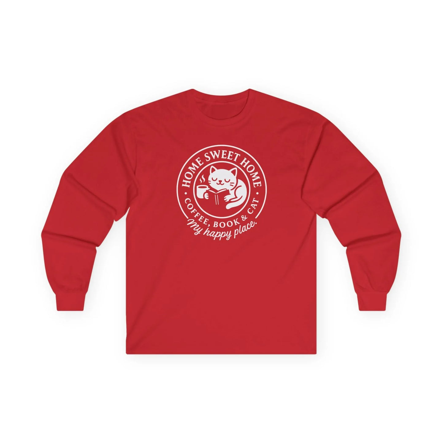 Cozy Cat Haven Long Sleeve, red shirt with a cat, coffee, and text saying 'my happy place,' perfect gift for book lovers.